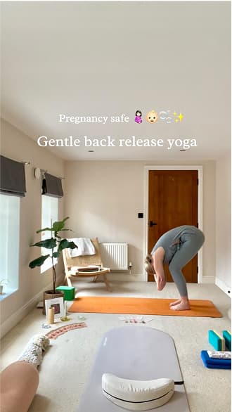 An Instagram post showing a pregnancy-safe, gentle back-release yoga flow.